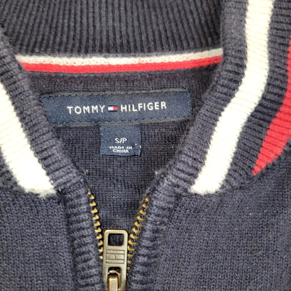 Tommy Hilfiger Blue Full ZIP Knit Sweater Navy With White Red Flag Stripes Sm/P - Picture 6 of 10